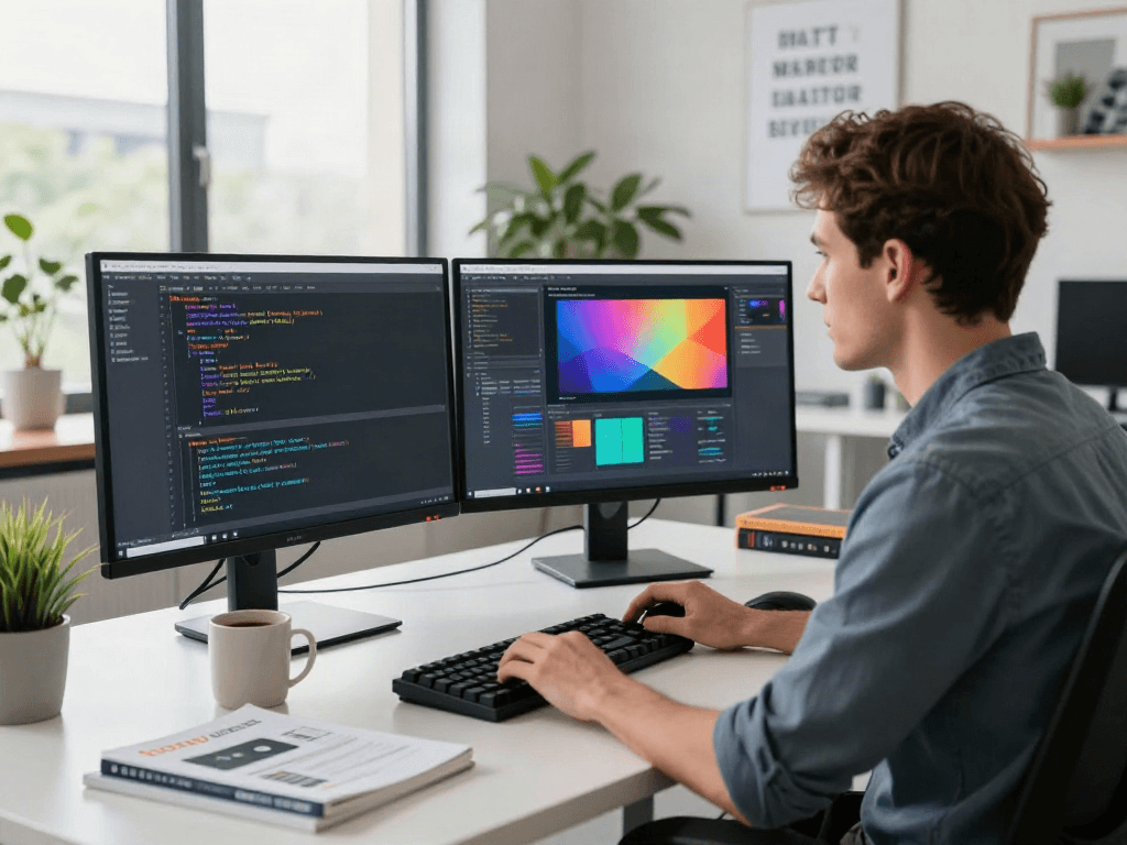Développeur utilisant Atlas pro ontv dans un bureau moderne, entouré de matériel technologique et de lumière naturelle.