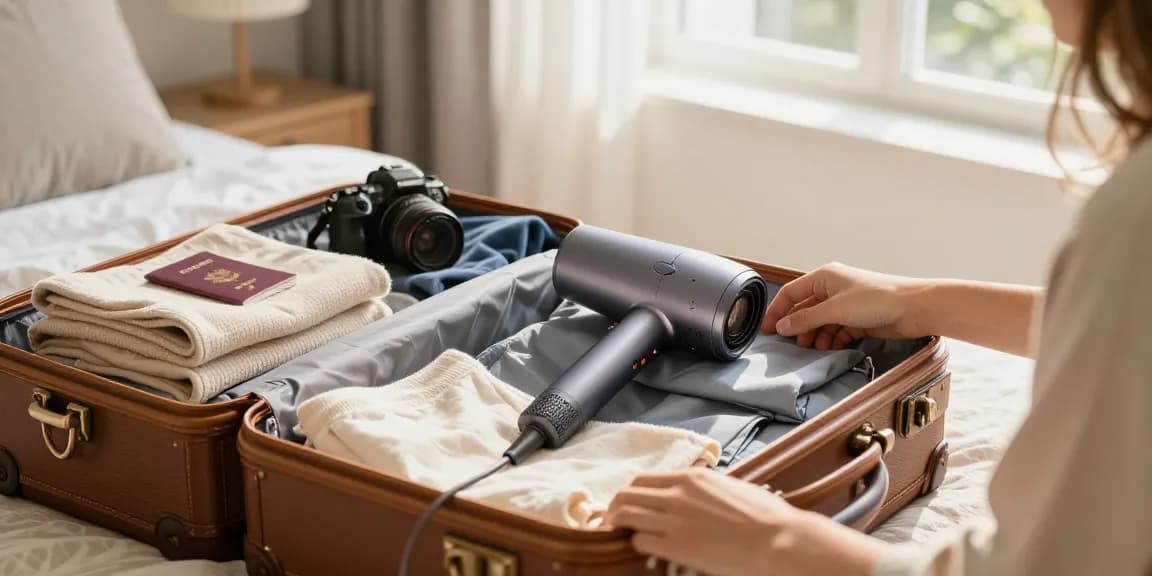 Préparez-vous pour votre voyage avec un sèche-cheveux de voyage compact et élégant.