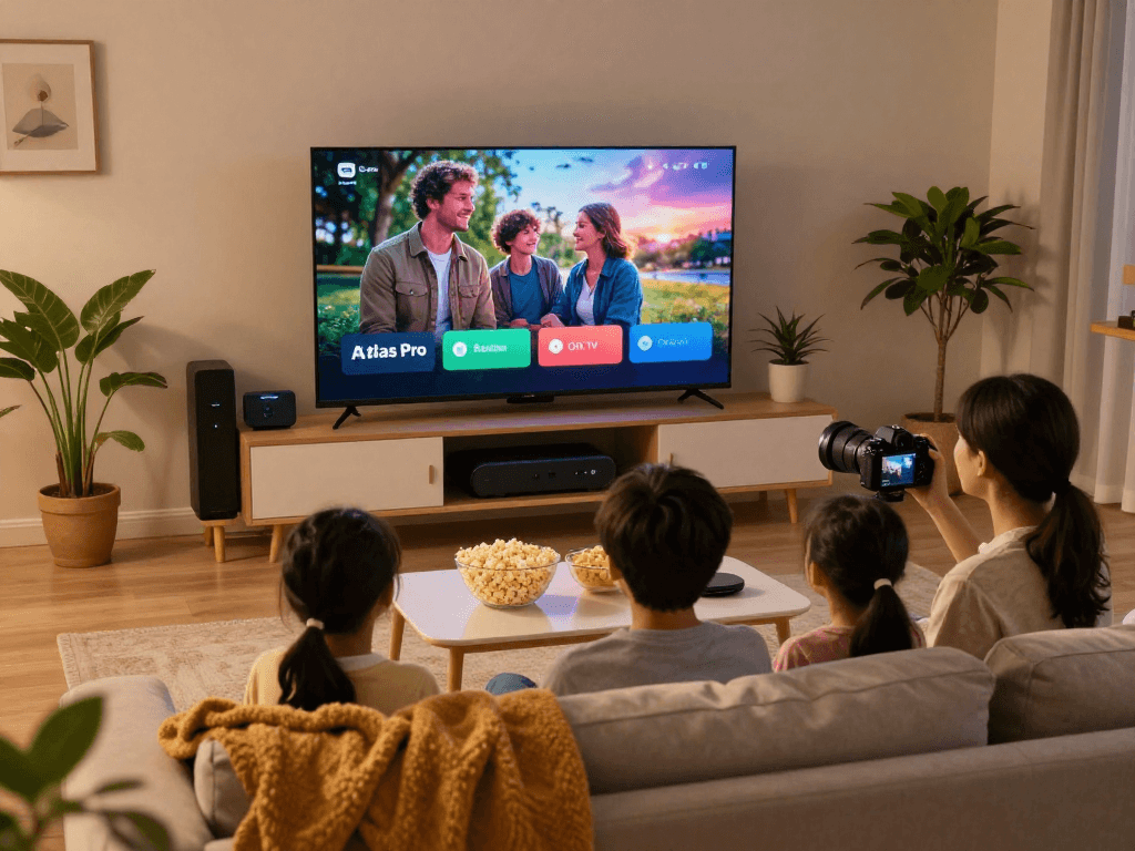 Configuration de divertissement à domicile avec Atlas Pro, famille regardant un film sur Smart TV.