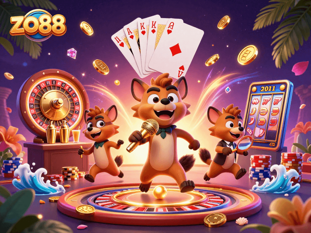Experience the excitement of zo88 as hyenas bring a comedy atmosphere to a vibrant casino scene featuring roulette and slot machines.