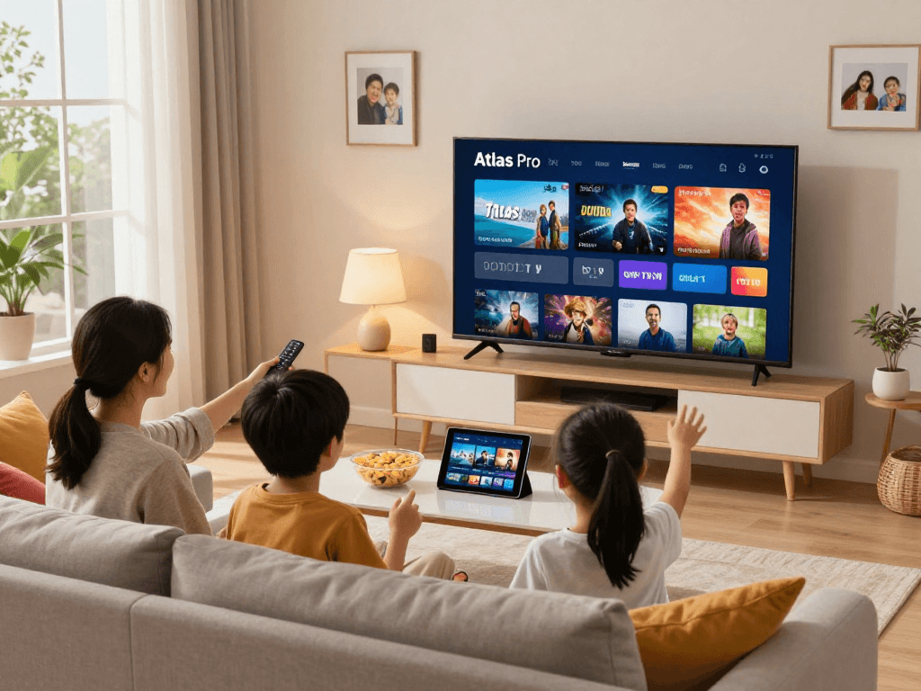 Famille profitant d'Atlas Pro ONTV sur Smart TV avec du contenu varié.