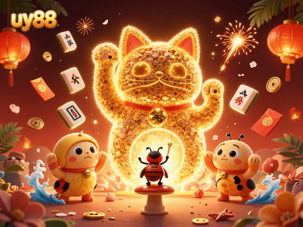 Engage in thrilling gameplay at uy88, where a giant lucky cat and dynamic casino symbols light up the action.