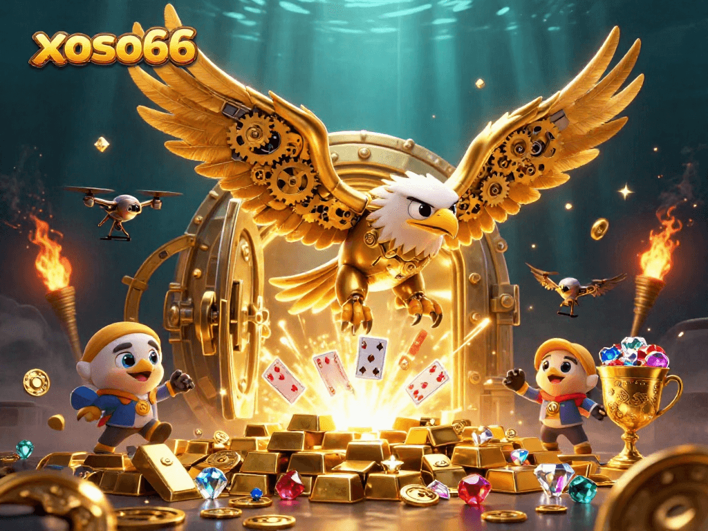 XOSO66 showcases an exhilarating casino experience with a cybernetic eagle and treasure, driving player excitement in gambling.