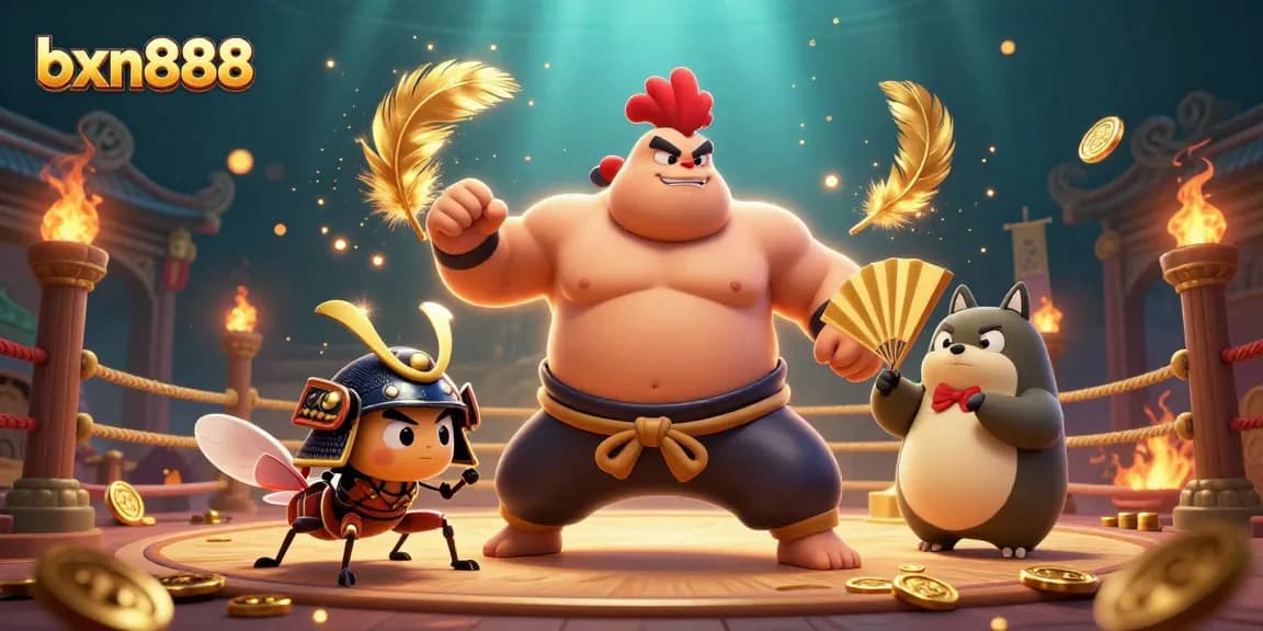 Experience thrilling gameplay at bxn888 with a powerful sumo wrestler and fierce samurai cricket in a vibrant casino atmosphere.