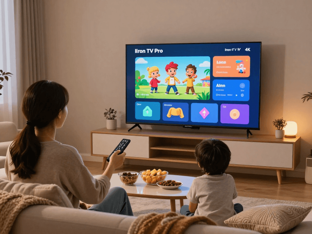 Profitez de Iron tv pro sur un écran 4K avec famille heureuse et ambiance chaleureuse.