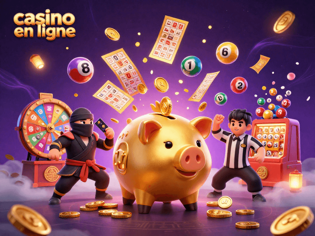 Les gains s'accumulent dans un casino en ligne avec un sumo, un ninja et un samouraï, parmi des éléments colorés.