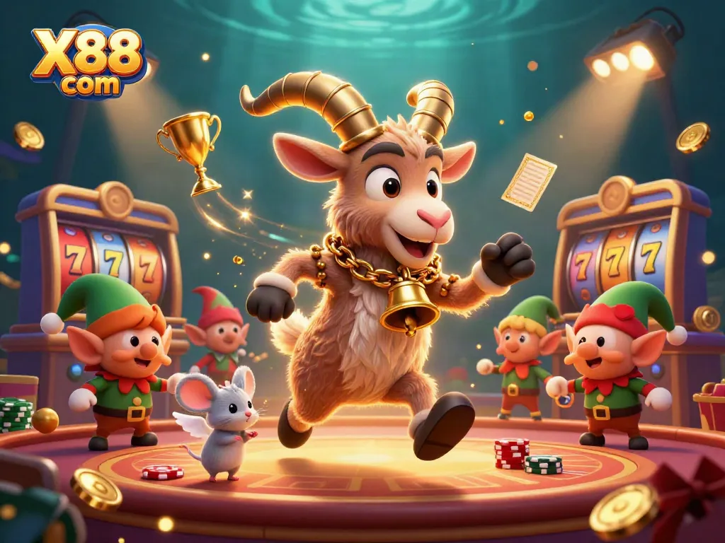 X88 com showcases a lively scene with festive characters running a dynamic casino filled with excitement and gold.