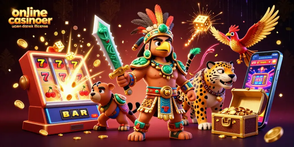 Engage with a vibrant scene of online casinoer uden dansk licens featuring artistic warriors and slot machines.