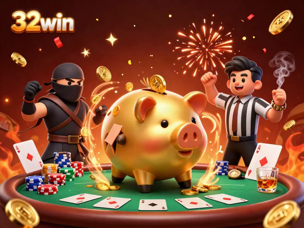 Experience vibrant casino action with 32win through an energetic scene of a golden piggy bank sumo wrestler.