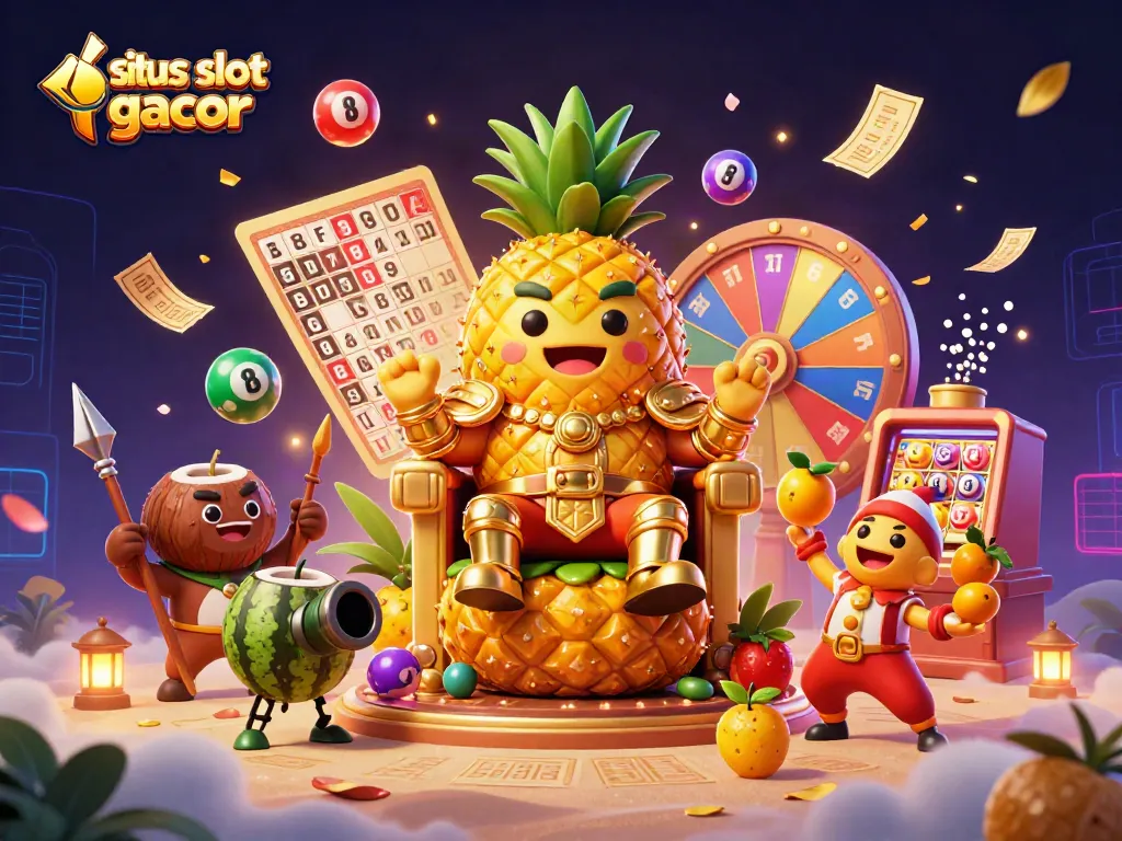 Experience situs slot gacor with a vibrant 3D illustration of a golden pineapple king and playful elements.