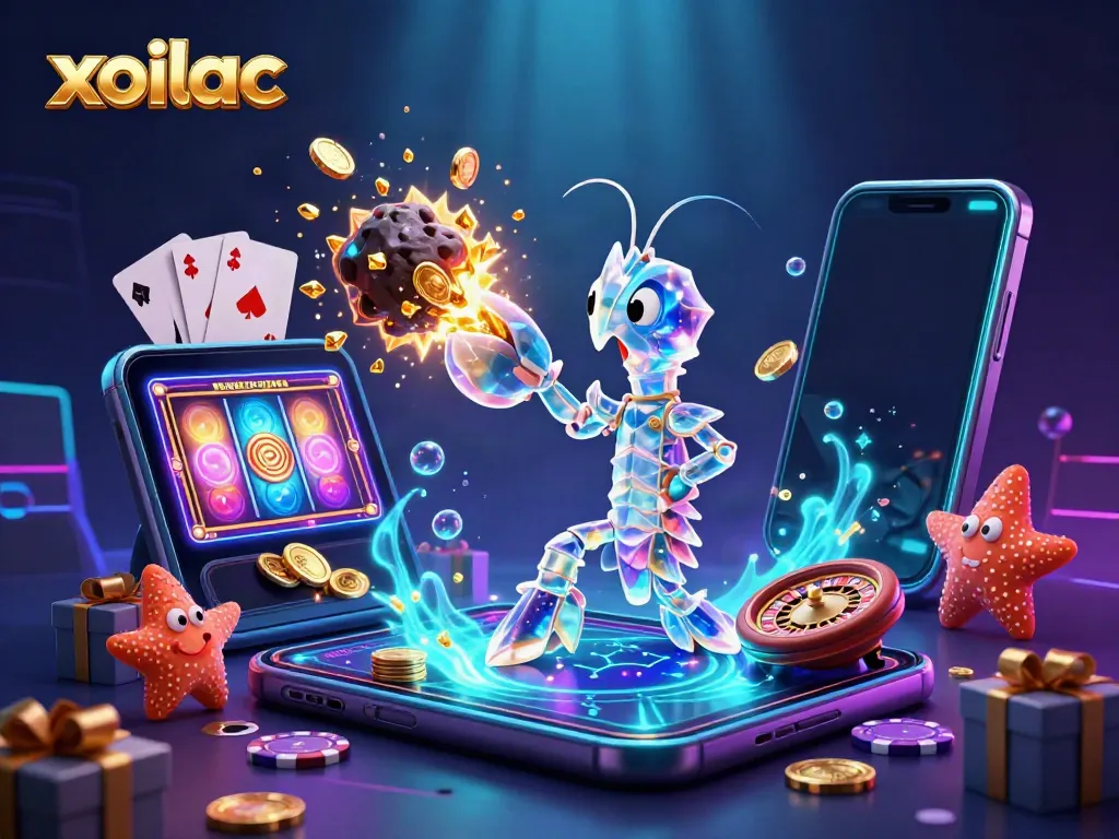 Xoilac showcases the excitement of casino gaming with vibrant 3D characters and slot elements.