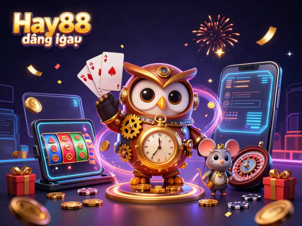 Experience the excitement of Hay88 đăng nhập with a vibrant steampunk casino scene featuring a time-traveling owl.