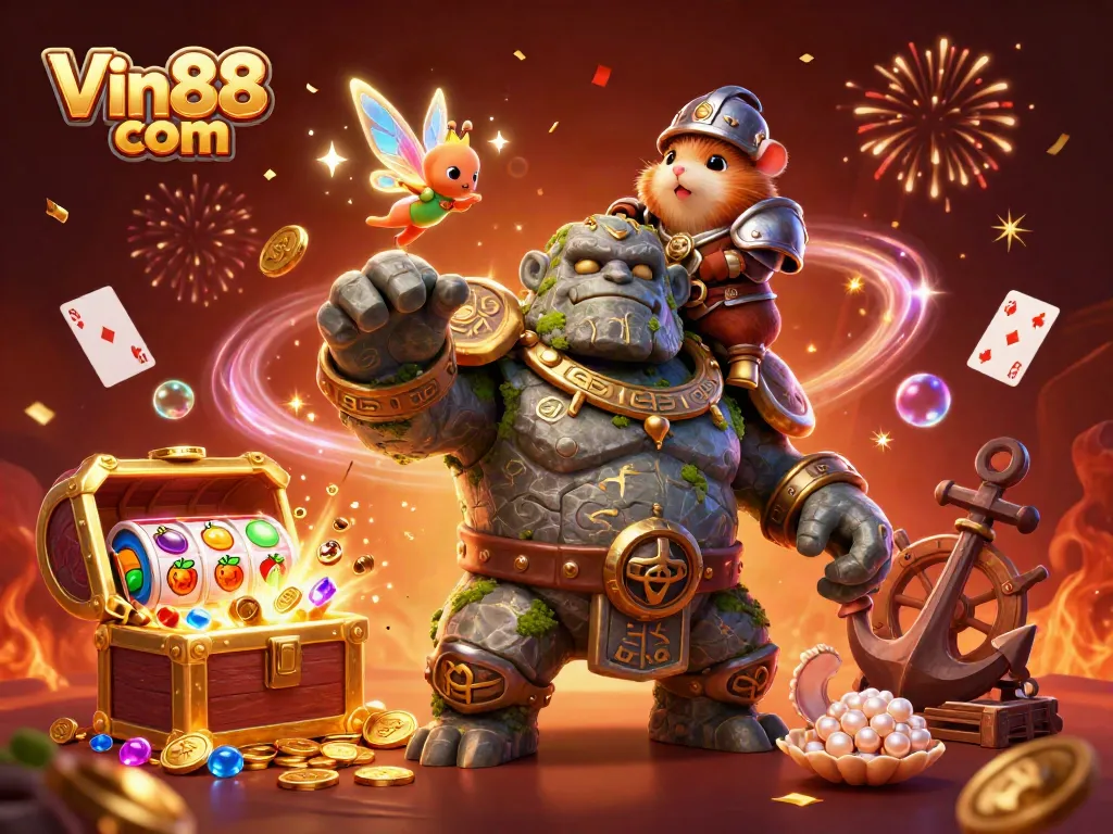 Experience Vin88 com with a vibrant illustration featuring magical characters and dynamic casino elements.