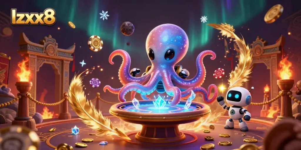 Experience the excitement of lzxx8 with our alien octopus at a dynamic, holographic poker table.