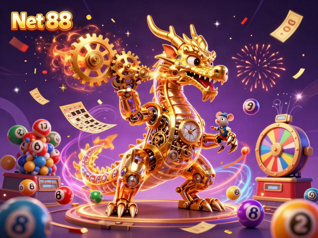Experience the thrill of winning with Net 88's animated gaming scene featuring a golden dragon and vibrant lottery elements.