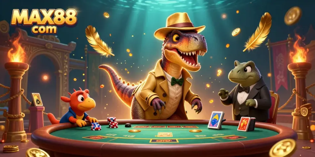 Engaging scene showcasing MAX88 com with a velociraptor at a blackjack table, adding excitement to online gaming.
