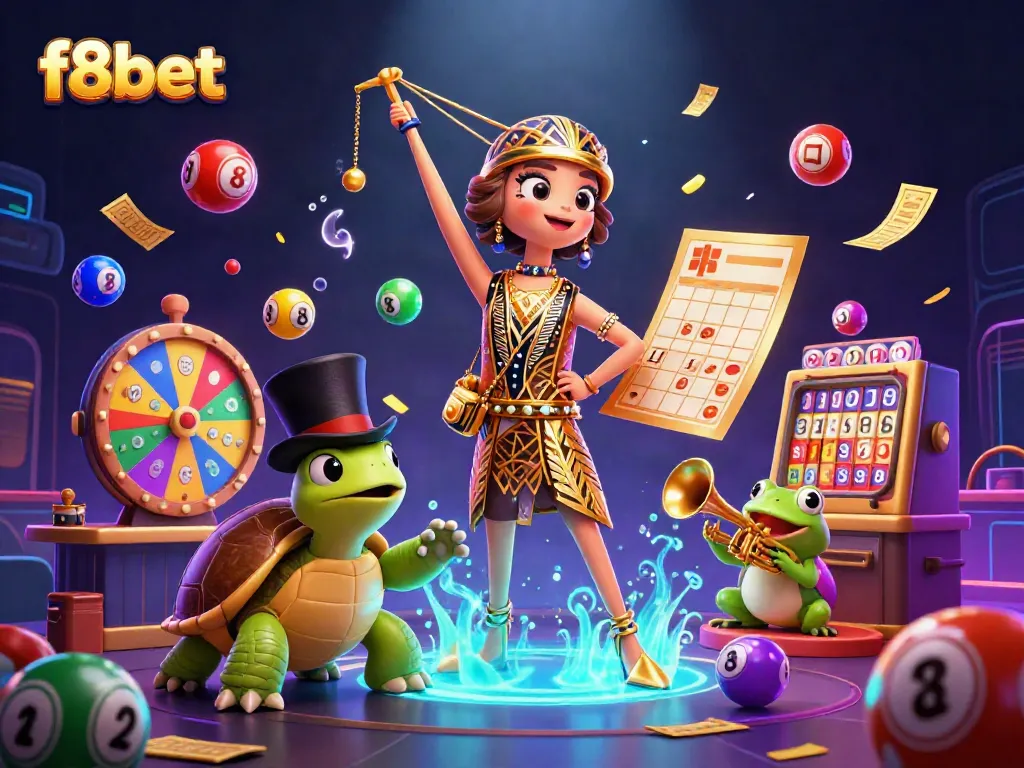 Engage with the excitement of f8bet's vibrant lottery scene featuring animated characters and games.