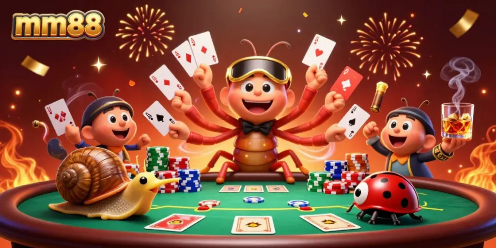 Experience the excitement at MM88 with a lively 3D dealer and action-packed poker scene.