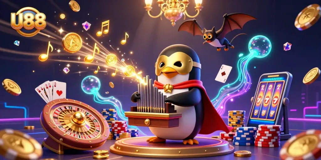 Experience U88 excitement with a penguin organist and magical casino elements in this vibrant scene.