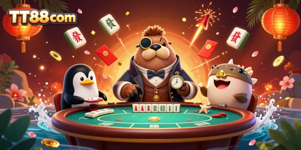 Play exciting poker with TT88 com's dynamic underwater casino game scene featuring unique characters.