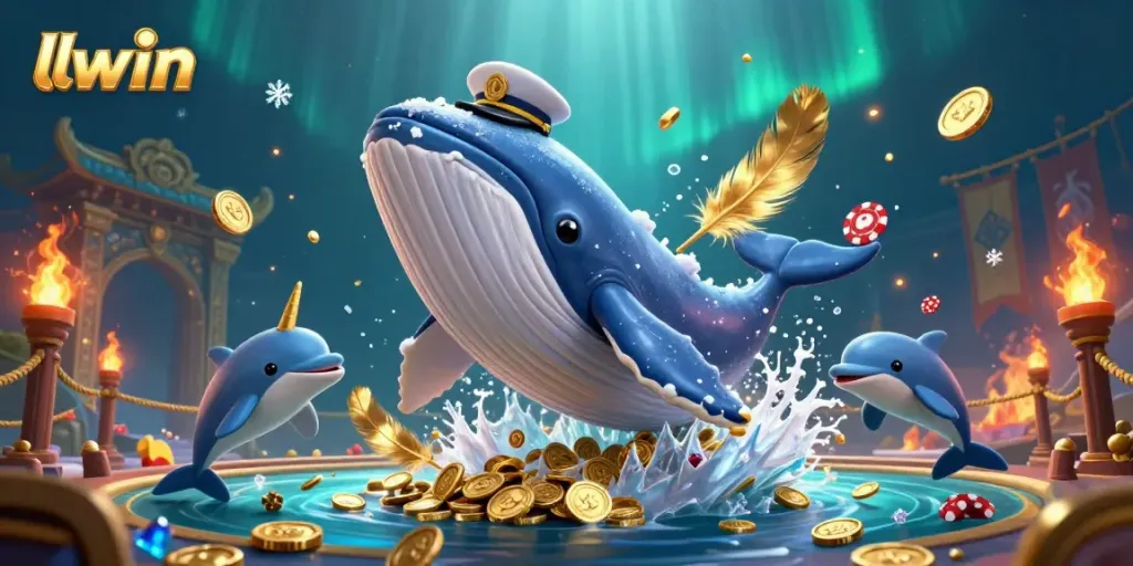Engage in thrilling gaming at llwin, with a cartoon whale and playful dolphins in a vibrant casino scene.