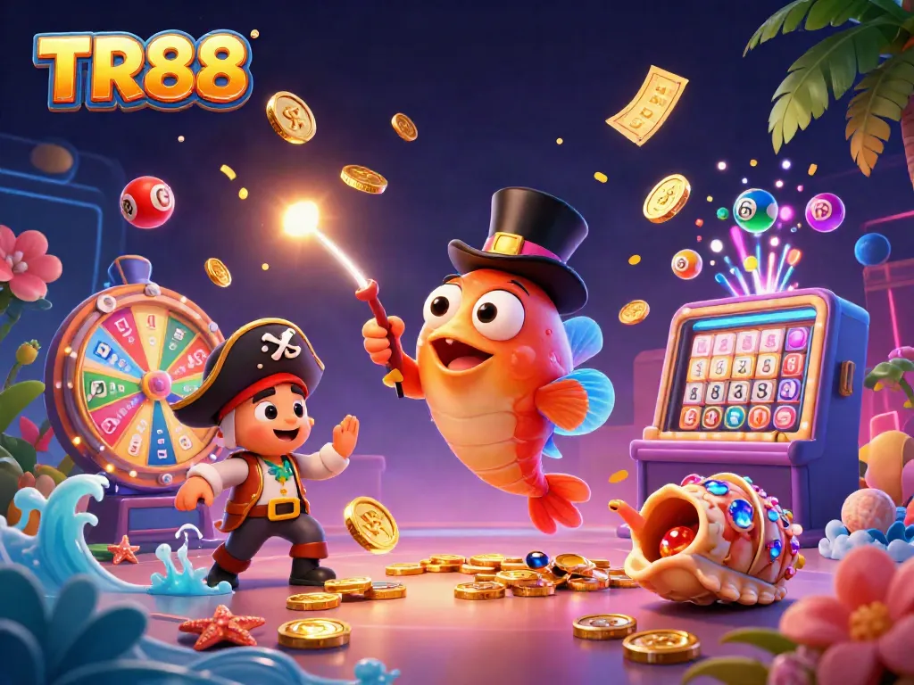 Engage with TR88 in an exciting casino illustration featuring a deep-sea anglerfish and treasure-collecting shrimp.