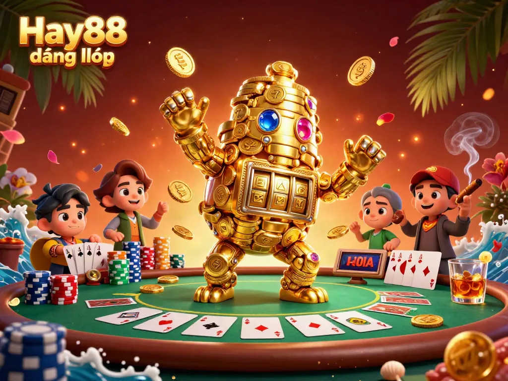 Engage with Hay88 đăng nhập excitement, featuring a gold golem amidst vibrant casino elements.
