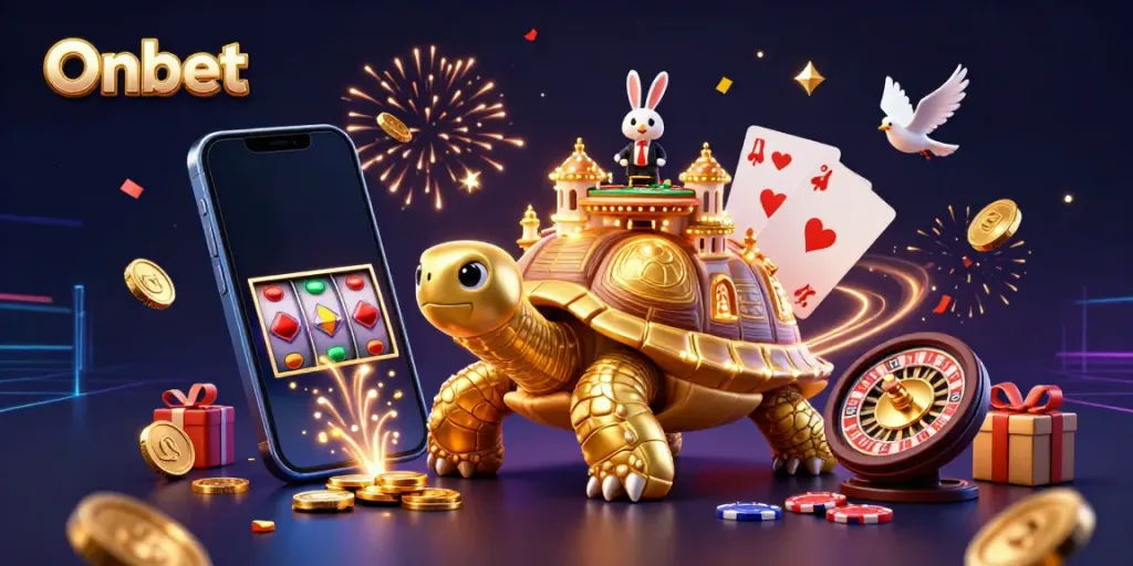 Experience Onbet's thrilling gaming world with a golden tortoise, rabbit dealer, and exciting casino elements.