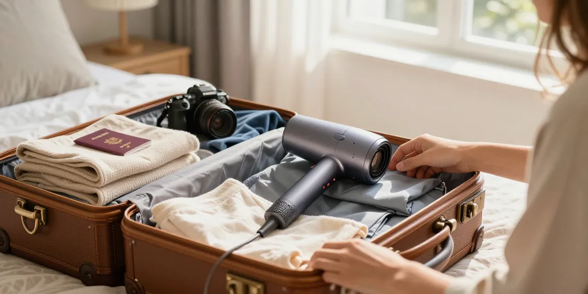 Préparez-vous pour votre voyage avec un sèche-cheveux de voyage compact et élégant.