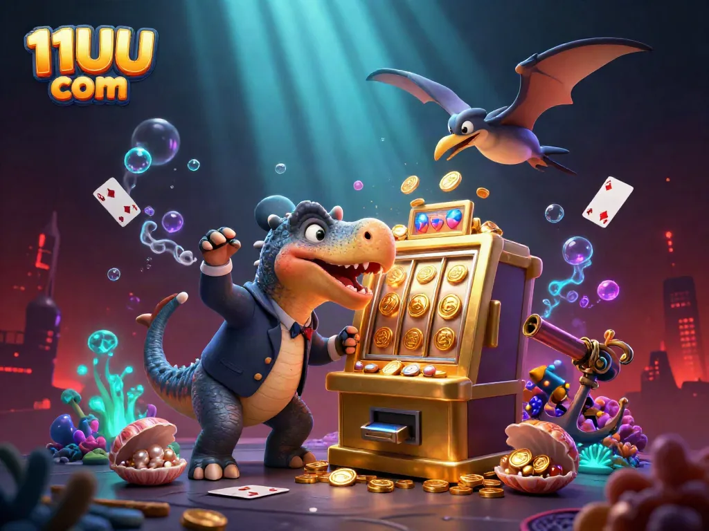 Experience the thrilling jackpot action at 11UU com with a pachycephalosaurus, vibrant golden coins, and a dynamic casino scene.