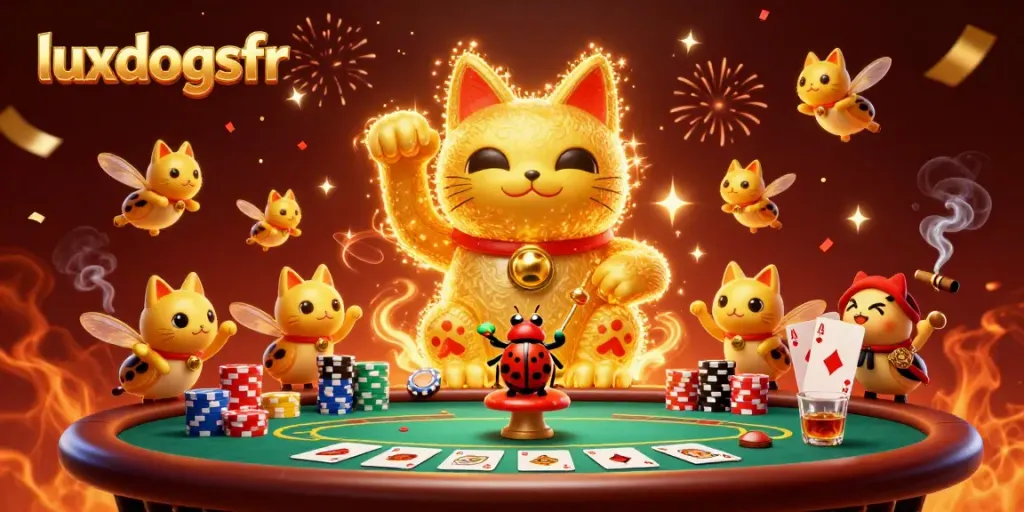 Play with luck at luxdogsfr with a golden cat and dynamic casino symbols!
