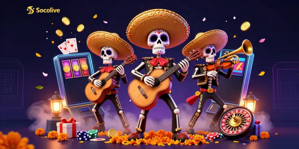 Experience the vibrant Socolive brand with a lively scene of 3D mariachi skeletons celebrating, surrounded by casino elements.
