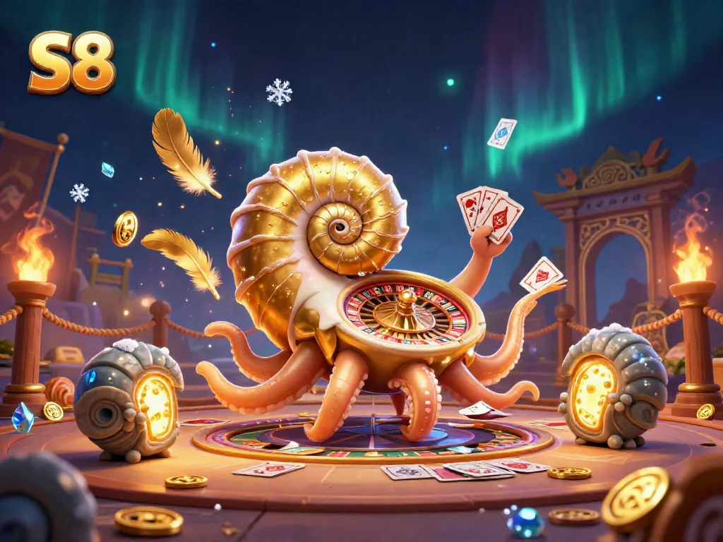 Experience thrilling gameplay at S8 with a vibrant 3D casino illustration featuring a giant roulette nautilus.