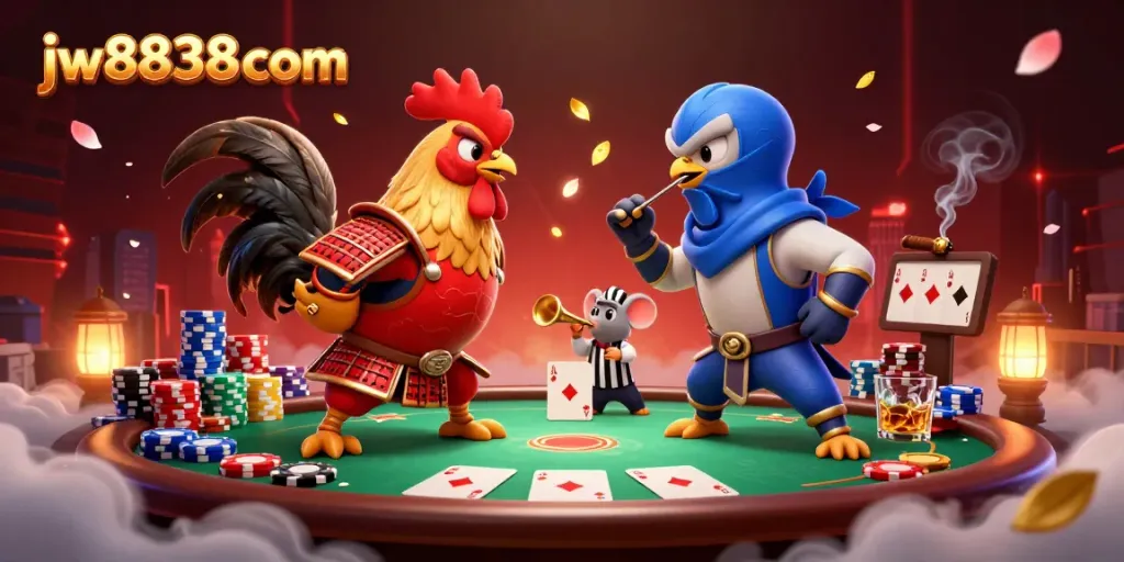 Experience thrilling shows at jw8838 com with 3D cartoon fighting roosters in an exciting casino scene.