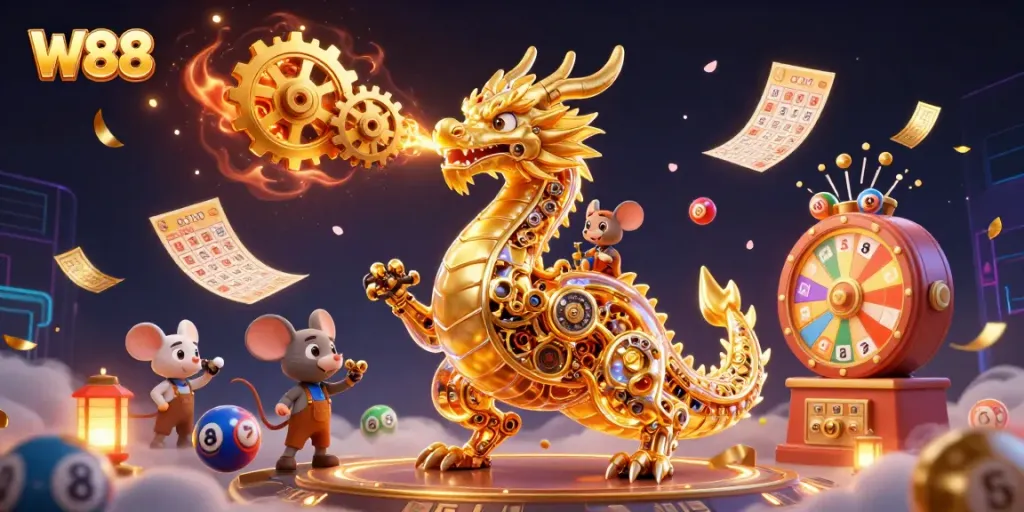 Experience winning moments with W88's vibrant 3D casino scene featuring a golden dragon and lottery elements.