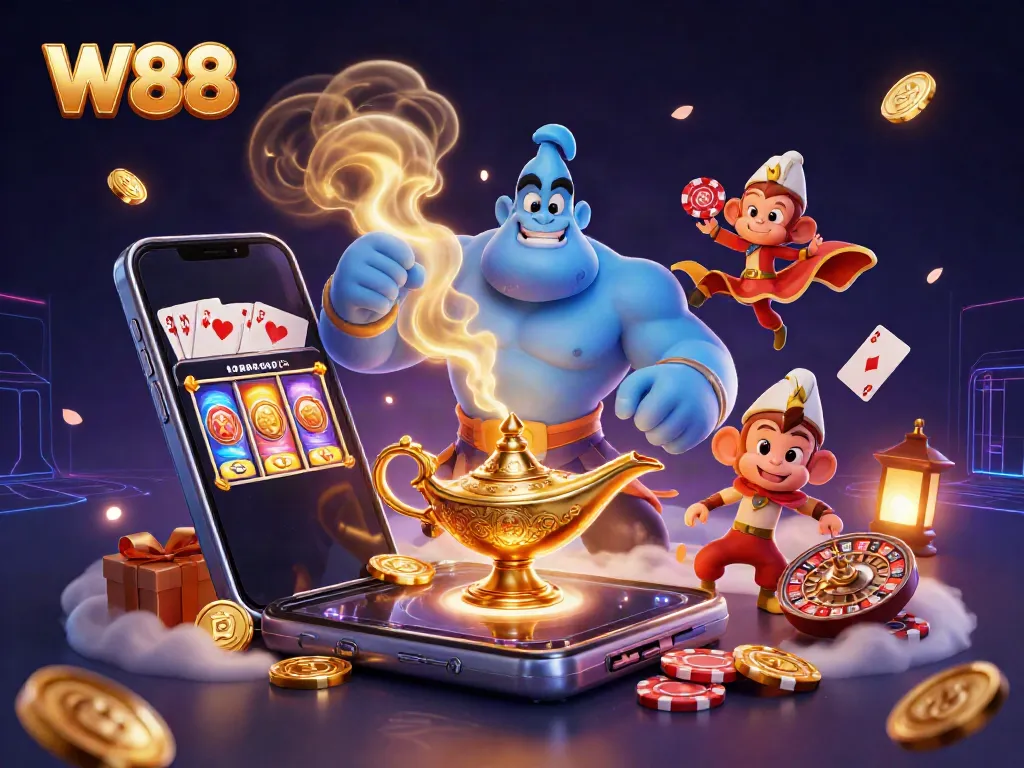 Play exciting slots and games with W88 in a vibrant 3D casino illustration, featuring a genie, monkey, and magic carpet.