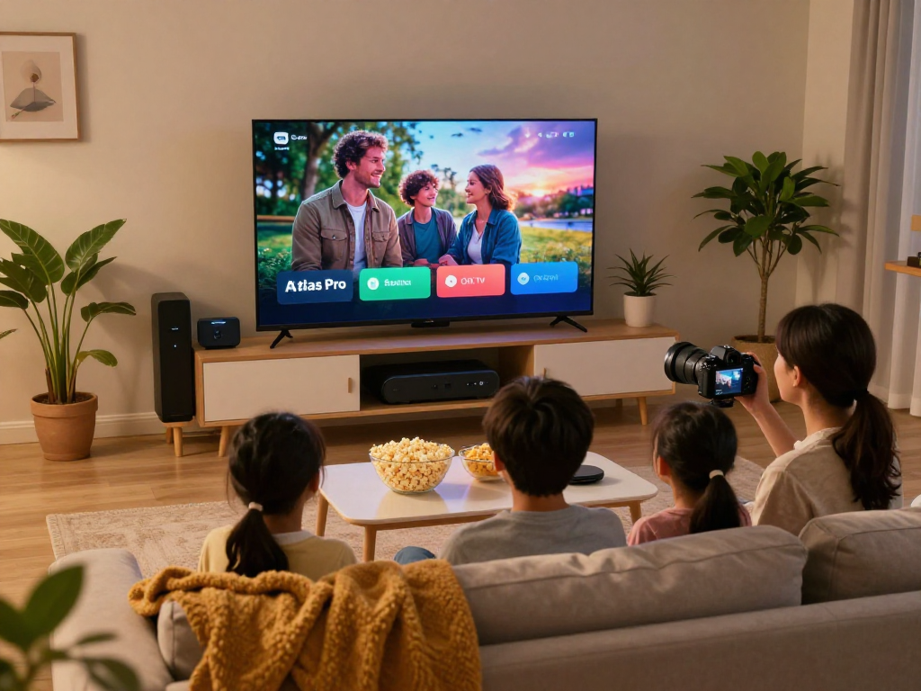 Configuration de divertissement à domicile avec Atlas Pro, famille regardant un film sur Smart TV.