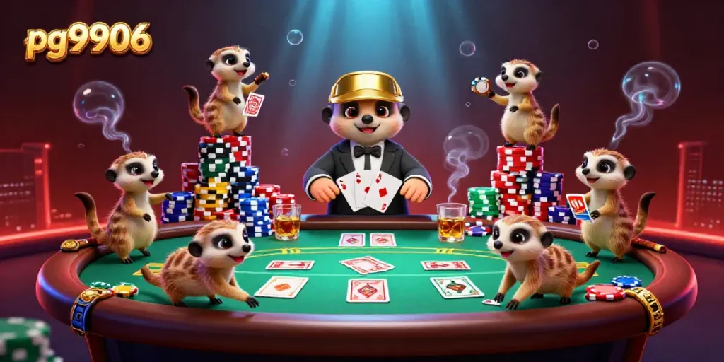 Experience thrilling casino action at pg9906 with meerkats managing games, surrounded by colorful poker chips and cards.