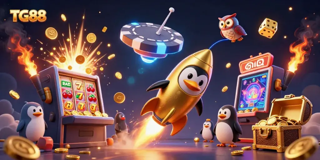 Experience thrilling adventures at TG88, with a penguin racing toward a casino in space, bursting with winnings.