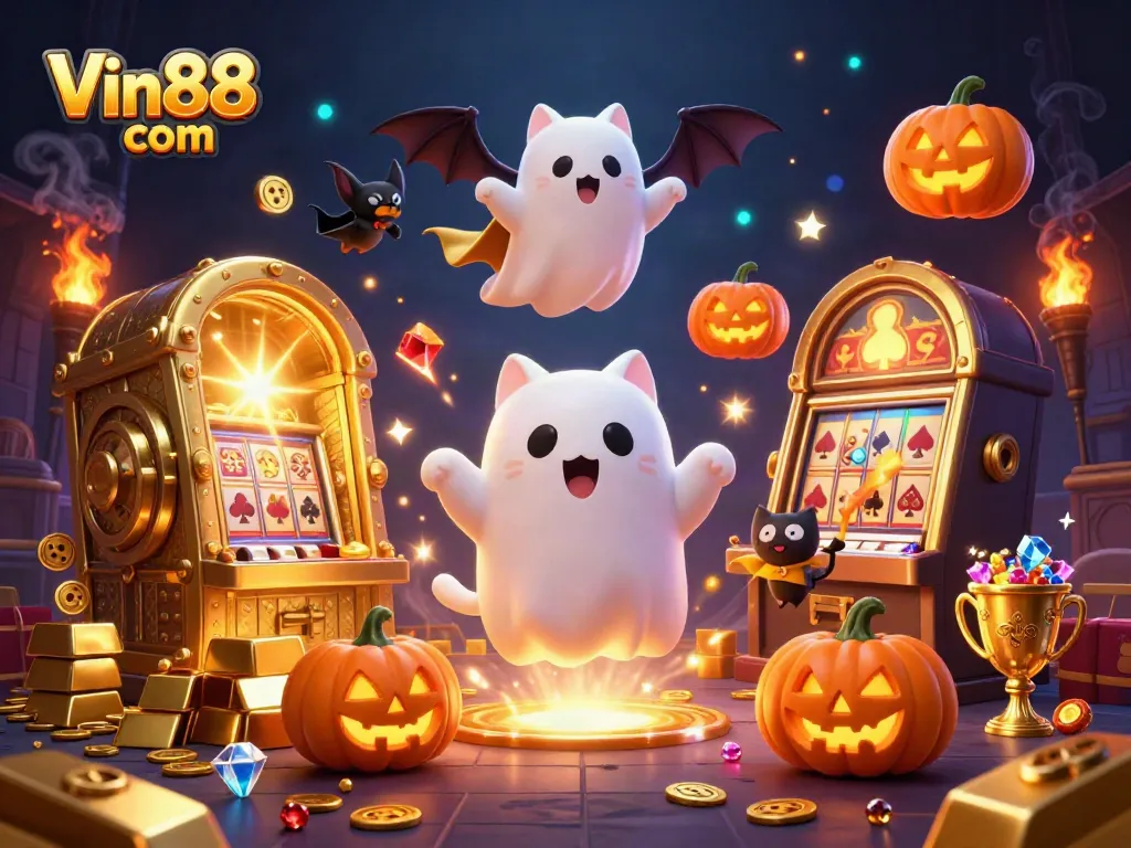 Join the excitement at Vin88 com with thrilling casino games featuring a friendly ghost cat, vampire bat, and glowing jack-o-lanterns.