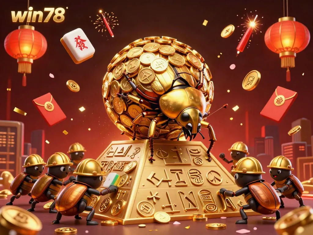 Engage with win78 as a golden beetle rolls a coin ball in a vibrant casino-inspired scene.