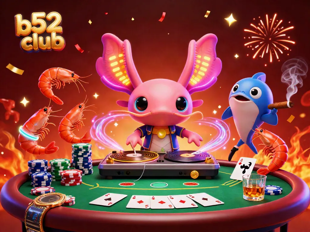 Experience the b52 club with animated characters celebrating and gambling in a vibrant casino scene.