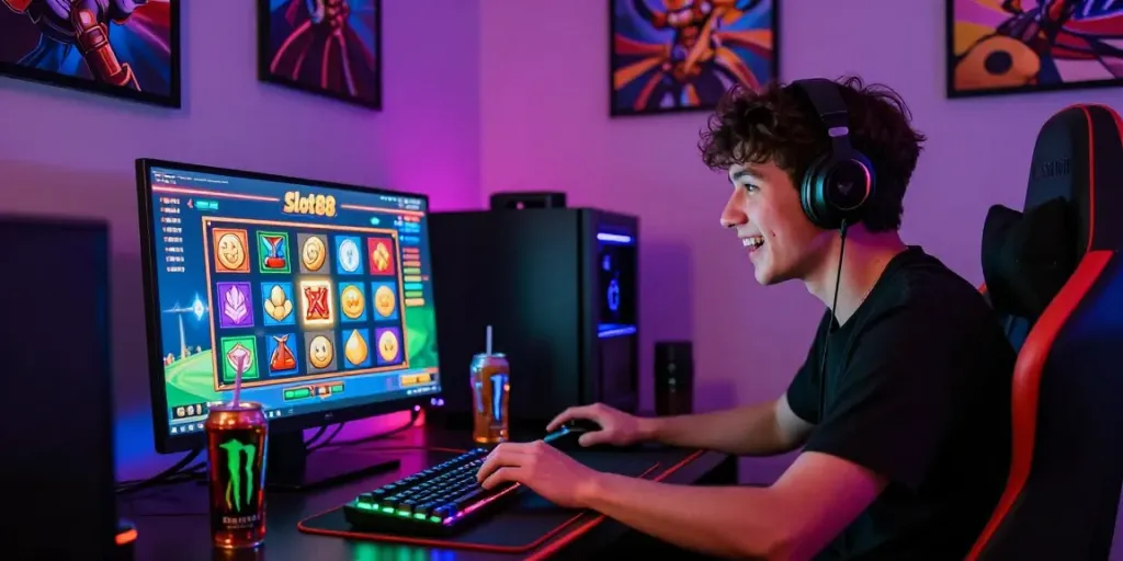 Pengalaman bermain slot88 yang mendebarkan dengan pemain fokus di laptop gaming.