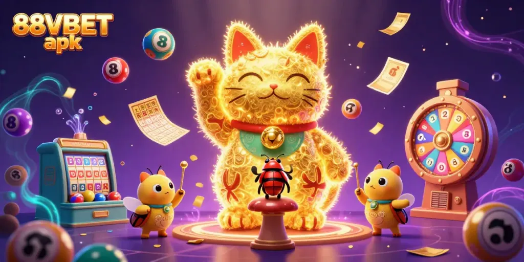 Immerse in the 88VBET apk world with golden fireflies creating a lucky cat in an enchanting casino scene.