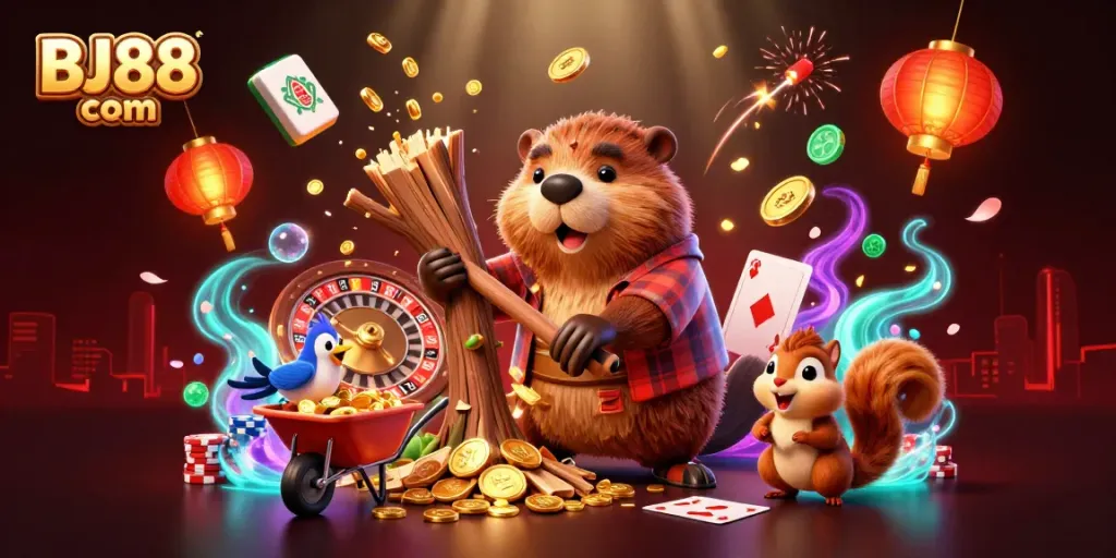 Experience thrilling wins at BJ88 com with lively casino illustrations featuring beaver, bird, and squirrel.