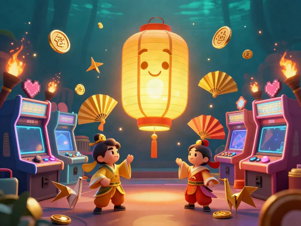 Engage in Hay88 đăng nhập with vibrant gaming atmosphere featuring glowing lantern spirits and arcade games.