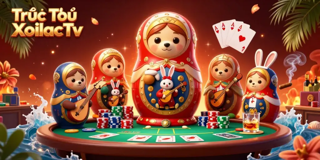 Engaging scene of Trực Tiếp XoilacTv with animated Matryoshka bears and vibrant casino elements.