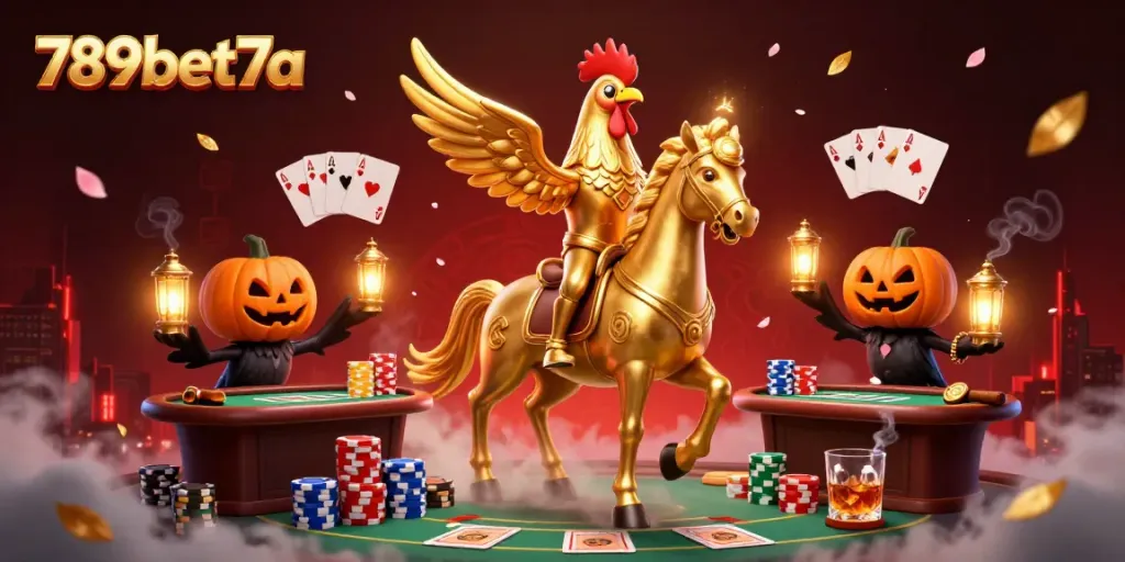 Experience the vibrant gaming scene at 789bet7a with a golden rooster and spooky companions lighting up the casino.