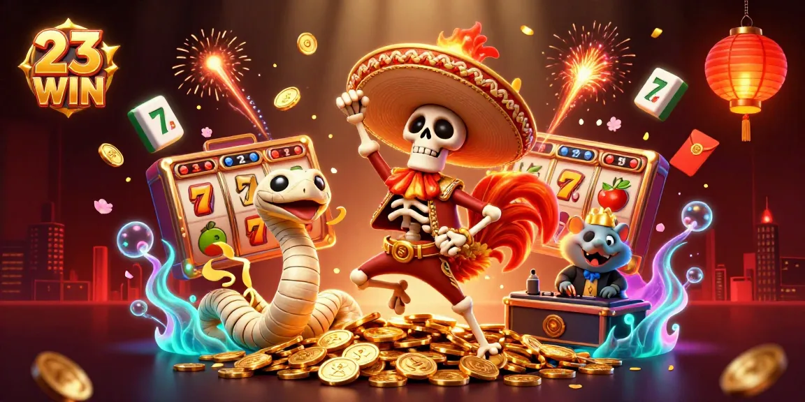 23WIN showcases an energetic casino scene with vibrant characters and slot game elements.