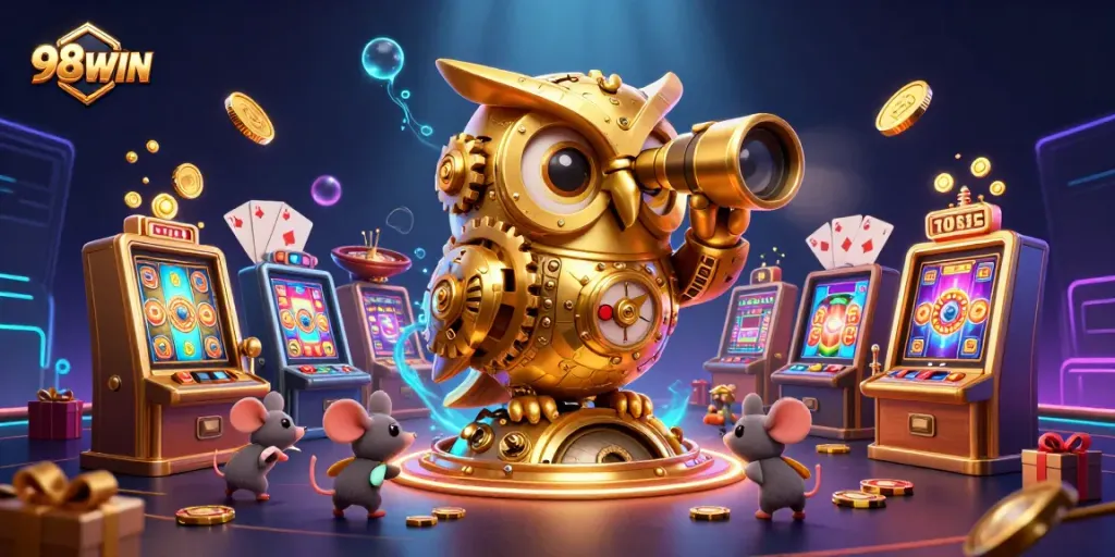 96WIN captivates players in a vibrant casino scene with animated slot games and stunning 3D visuals.